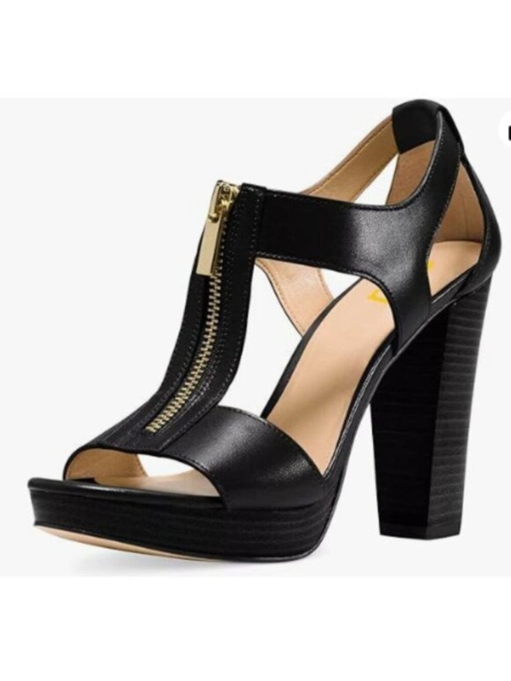 FSJ Women Peep Open Toe T-Strap Front Zipper Chunky Stacked High Heel Shoe Black